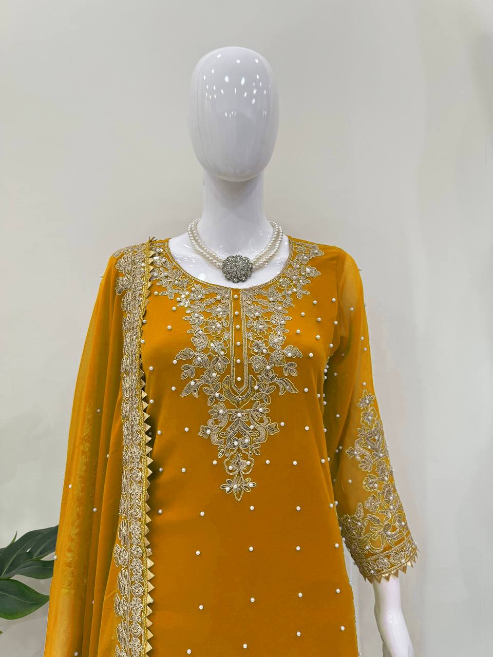 Prazu Fashion Yellow Georgette Sequence With Rivet Moti Palazzo Suit