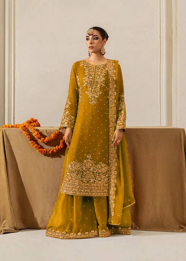 Prazu Fashion Yellow Georgette Sequence With Rivet Moti Palazzo Suit - Distacart