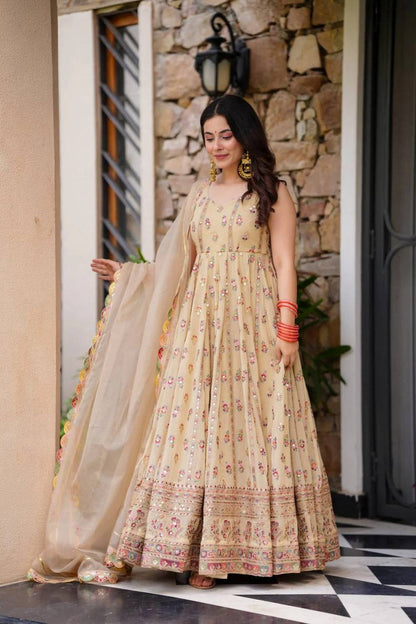 Prazu Fashion Cream Georgette Thread Sequin Anarkali Suit - Distacart