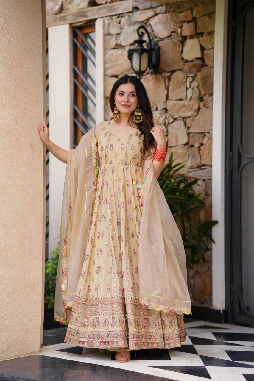 Prazu Fashion Cream Georgette Thread Sequin Anarkali Suit