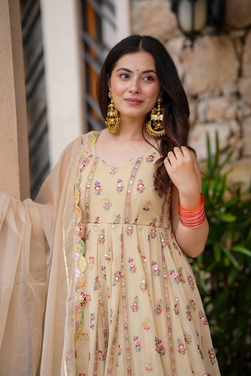 Prazu Fashion Cream Georgette Thread Sequin Anarkali Suit