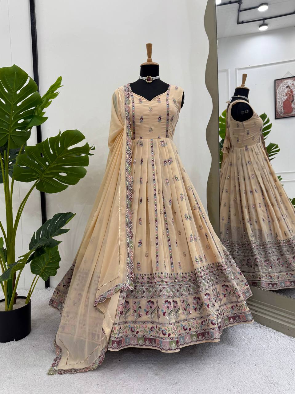 Prazu Fashion Cream Georgette Thread Sequin Anarkali Suit