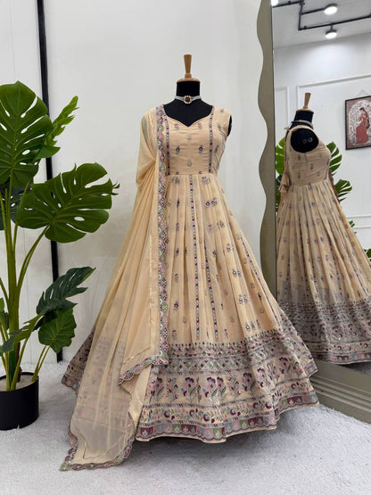 Prazu Fashion Cream Georgette Thread Sequin Anarkali Suit - Distacart