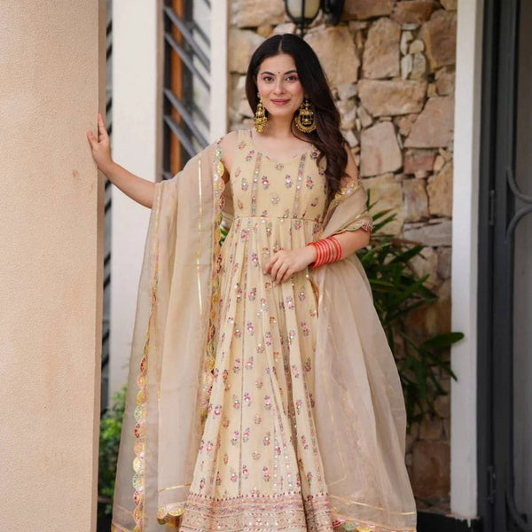 Prazu Fashion Cream Georgette Thread Sequin Anarkali Suit