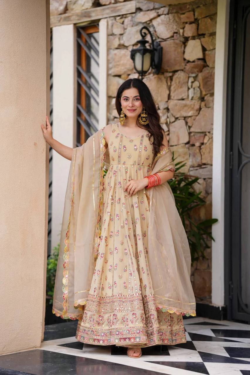 Prazu Fashion Cream Georgette Thread Sequin Anarkali Suit - Distacart
