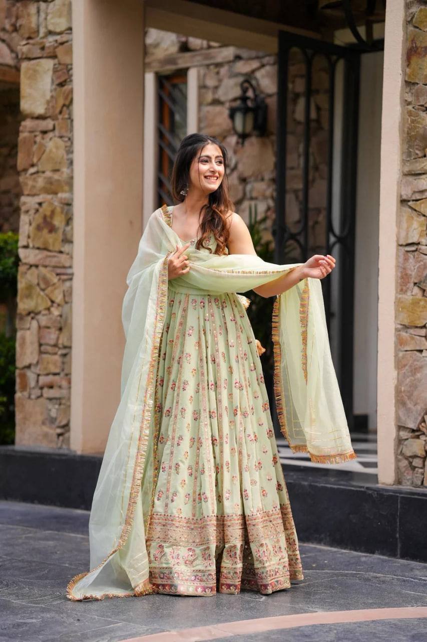 Prazu Fashion Light Lime Green Georgette Thread Sequin Anarkali Suit