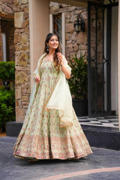 Prazu Fashion Light Lime Green Georgette Thread Sequin Anarkali Suit