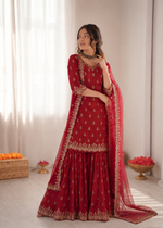 Thumbnail for Prazu Fashion Maroon Chinon Silk Thread With Sequence Designer Sharara Suit - Dista