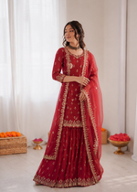 Thumbnail for Prazu Fashion Maroon Chinon Silk Thread With Sequence Designer Sharara Suit - Dista