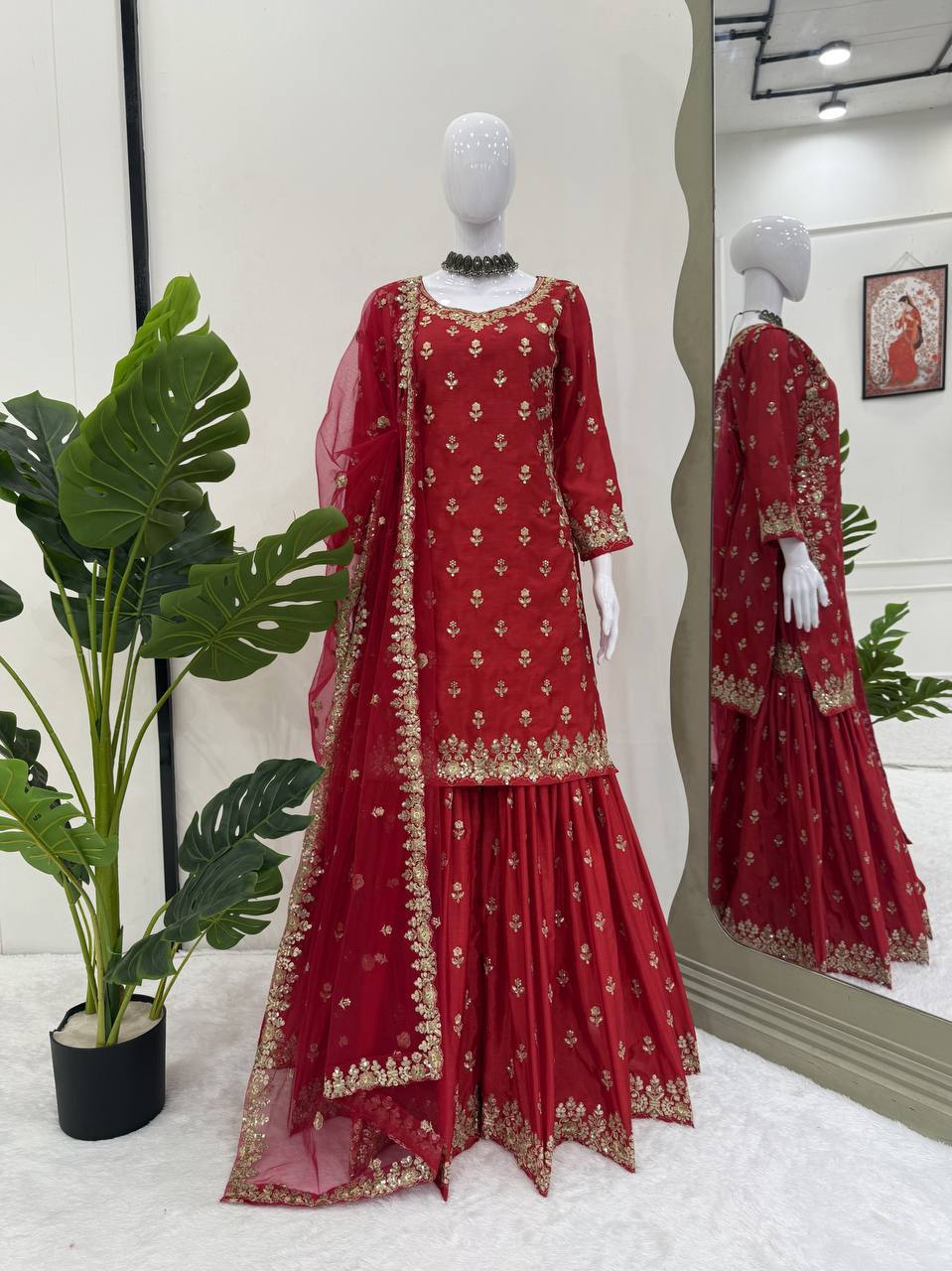 Prazu Fashion Maroon Chinon Silk Thread With Sequence Designer Sharara Suit - Dista