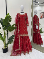 Thumbnail for Prazu Fashion Maroon Chinon Silk Thread With Sequence Designer Sharara Suit - Dista