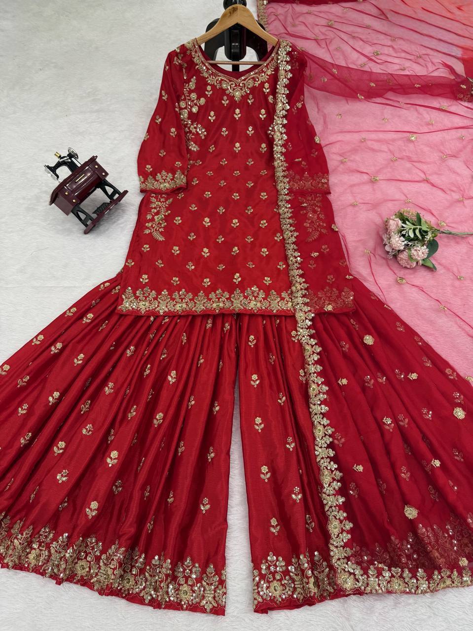 Prazu Fashion Maroon Chinon Silk Thread With Sequence Designer Sharara Suit - Dista