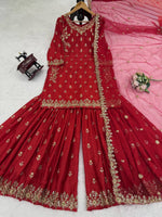 Thumbnail for Prazu Fashion Maroon Chinon Silk Thread With Sequence Designer Sharara Suit - Dista