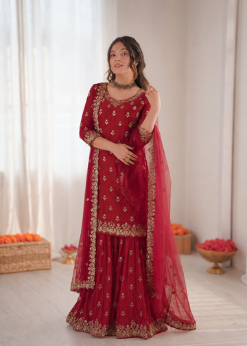 Prazu Fashion Maroon Chinon Silk Thread With Sequence Designer Sharara Suit - Dista