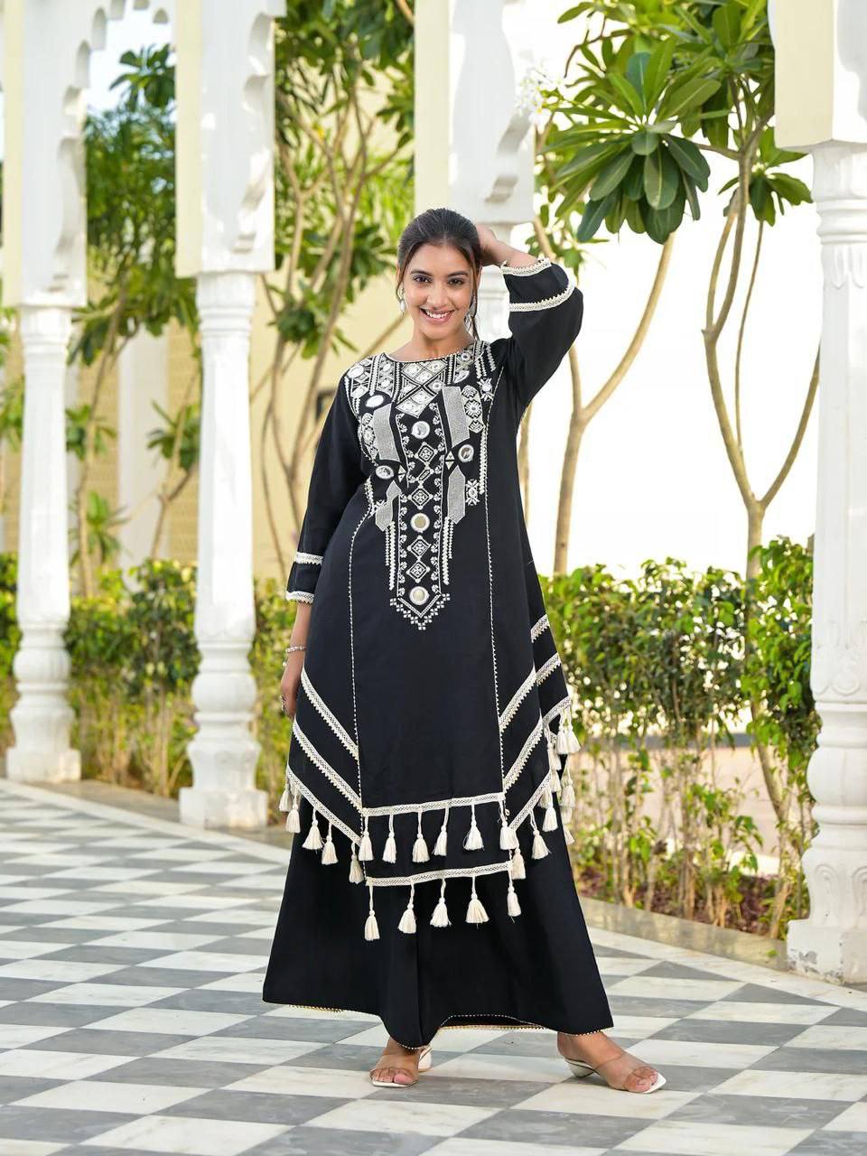 Prazu Fashion Black Rayon Cotton Thread Real Mirror Palazzo Suit