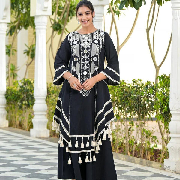 Prazu Fashion Black Rayon Cotton Thread Real Mirror Palazzo Suit