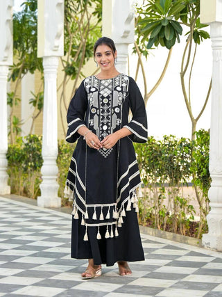 Prazu Fashion Black Rayon Cotton Thread Real Mirror Palazzo Suit