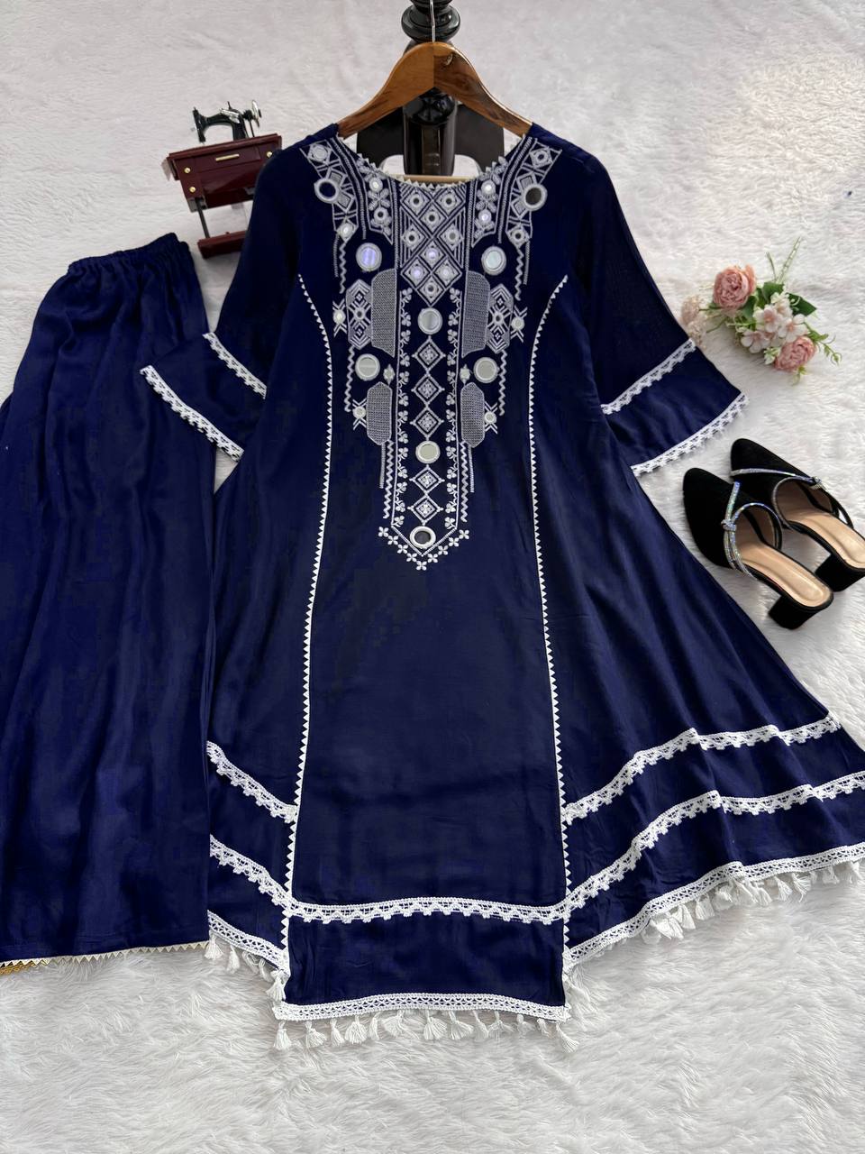 Prazu Fashion Blue Rayon Cotton Thread Real Mirror Palazzo Suit
