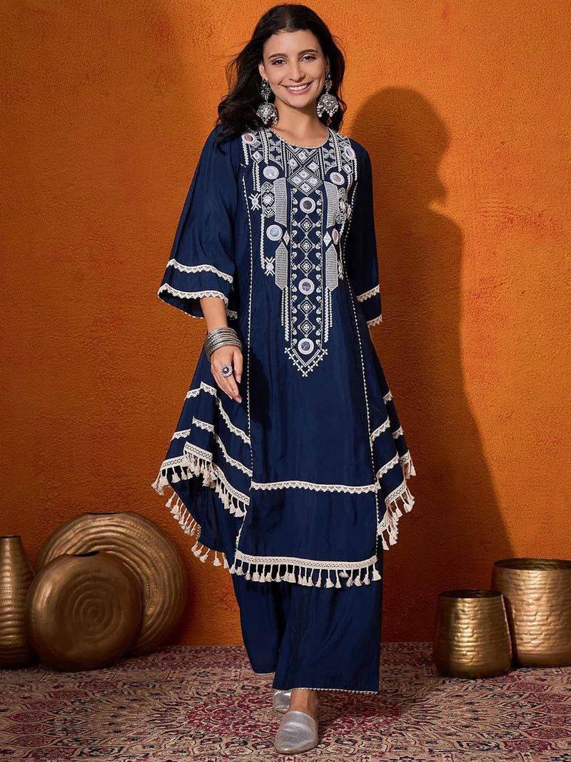 Prazu Fashion Blue Rayon Cotton Thread Real Mirror Palazzo Suit