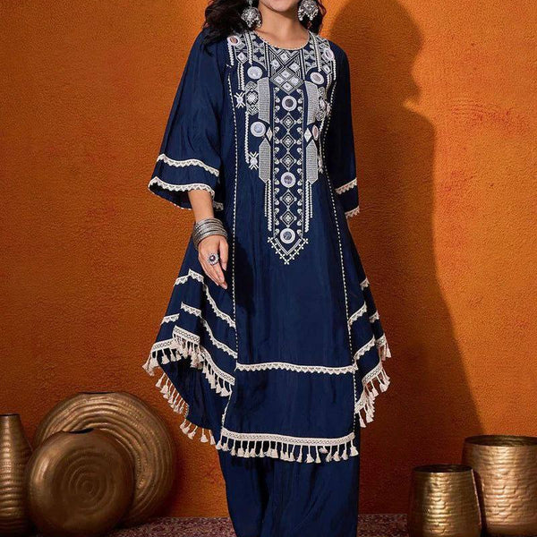 Prazu Fashion Blue Rayon Cotton Thread Real Mirror Palazzo Suit