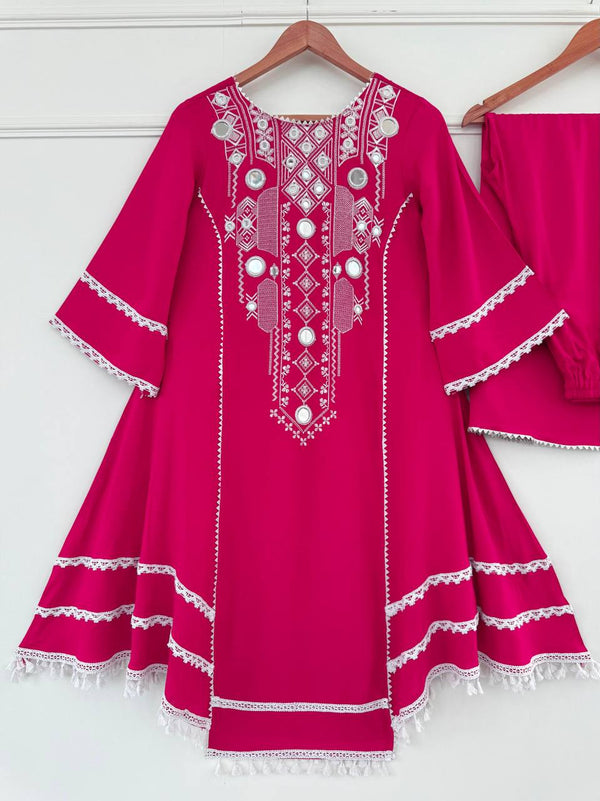 Prazu Fashion Pink Rayon Cotton Thread Real Mirror Palazzo Suit