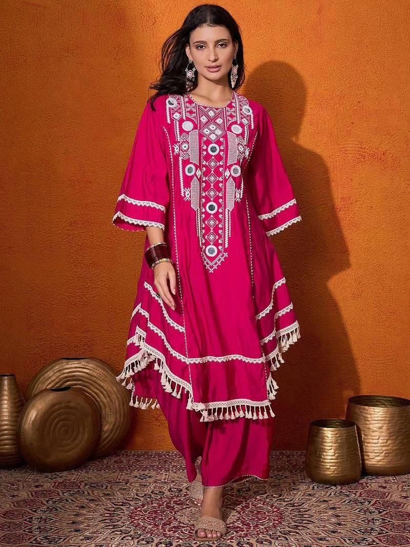 Prazu Fashion Pink Rayon Cotton Thread Real Mirror Palazzo Suit
