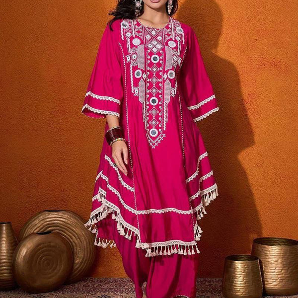 Prazu Fashion Pink Rayon Cotton Thread Real Mirror Palazzo Suit