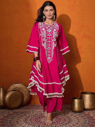 Prazu Fashion Pink Rayon Cotton Thread Real Mirror Palazzo Suit