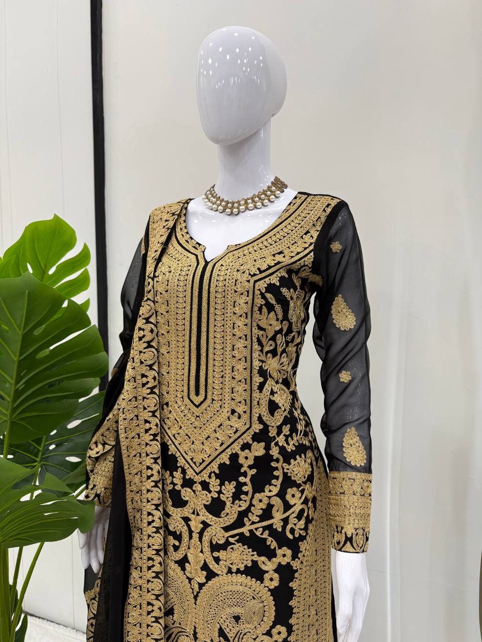 Prazu Fashion Black Georgette Chinestich Designer Palazzo Suit
