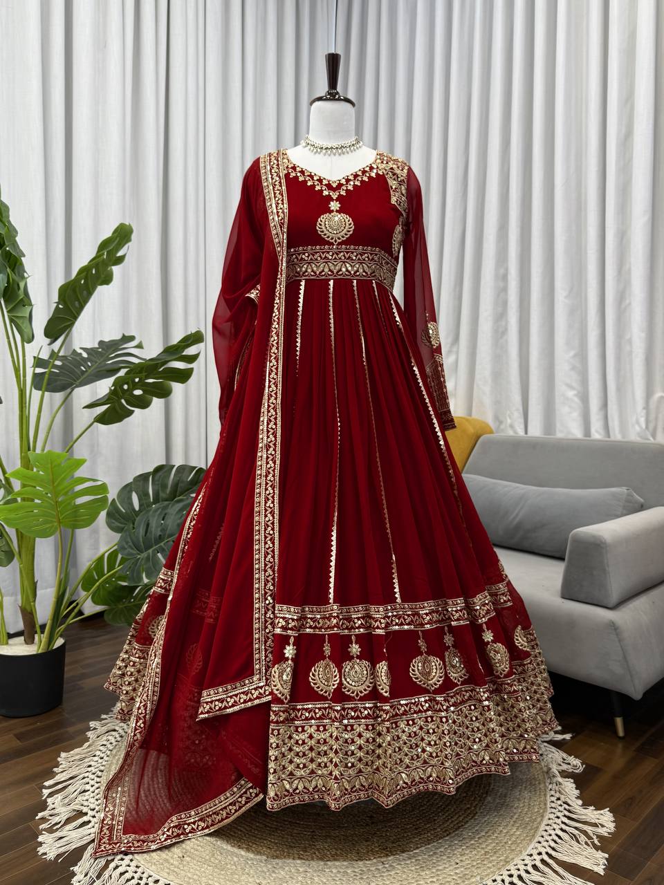 Prazu Fashion Maroon Georgette Thread Sequin Anarkali Suit