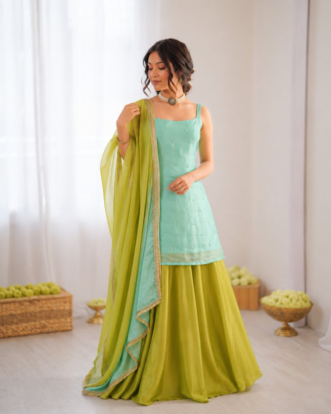 Prazu Fashion Mint Green Chinon Silk Thread With Sequence Designer Palazzo Suit - Dista
