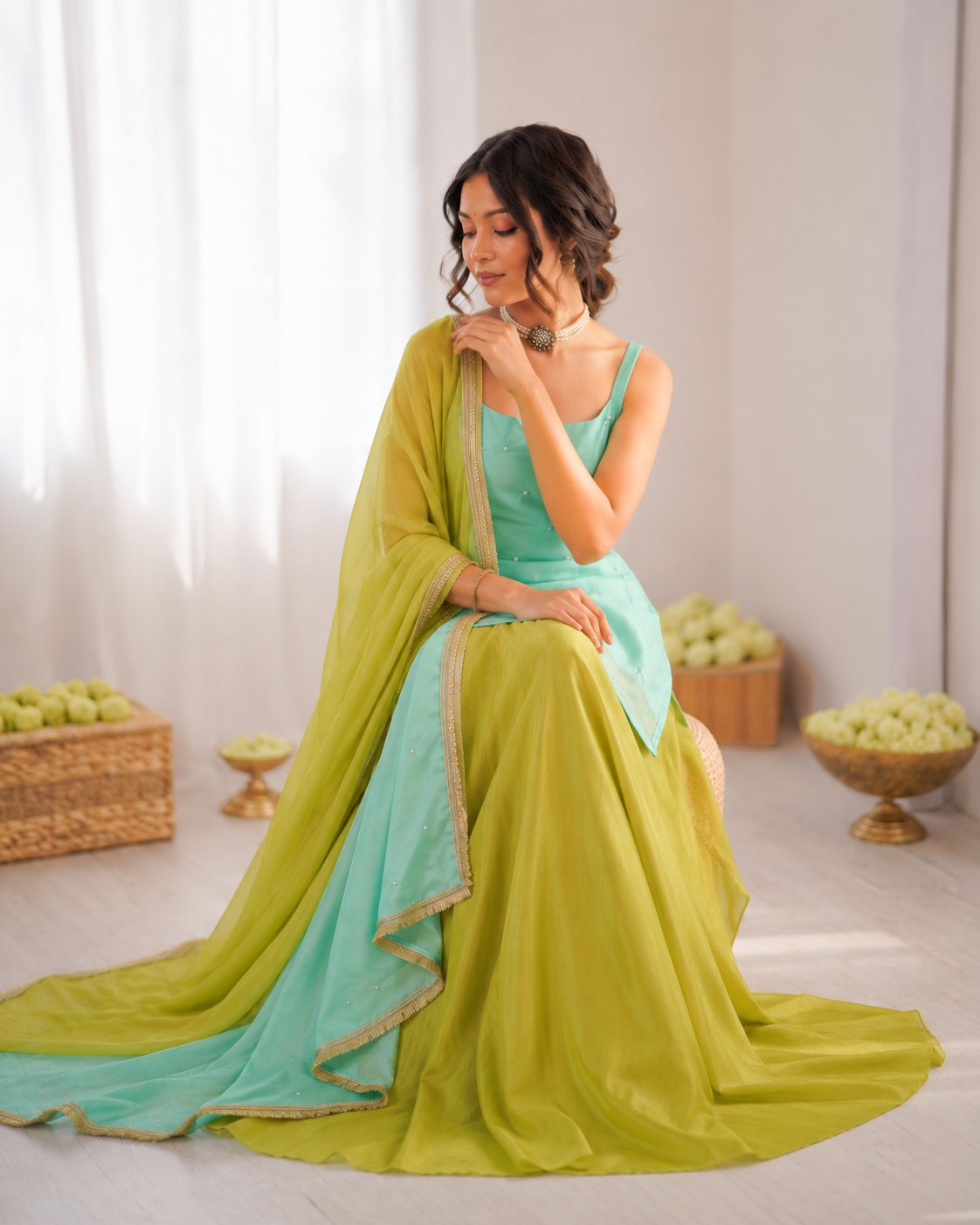 Prazu Fashion Mint Green Chinon Silk Thread With Sequence Designer Palazzo Suit - Dista