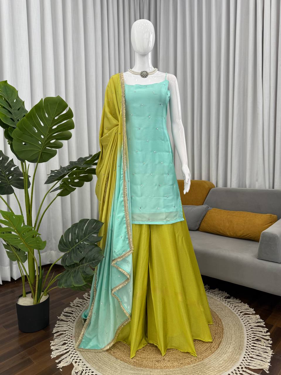 Prazu Fashion Mint Green Chinon Silk Thread With Sequence Designer Palazzo Suit - Dista