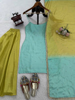 Thumbnail for Prazu Fashion Mint Green Chinon Silk Thread With Sequence Designer Palazzo Suit - Dista