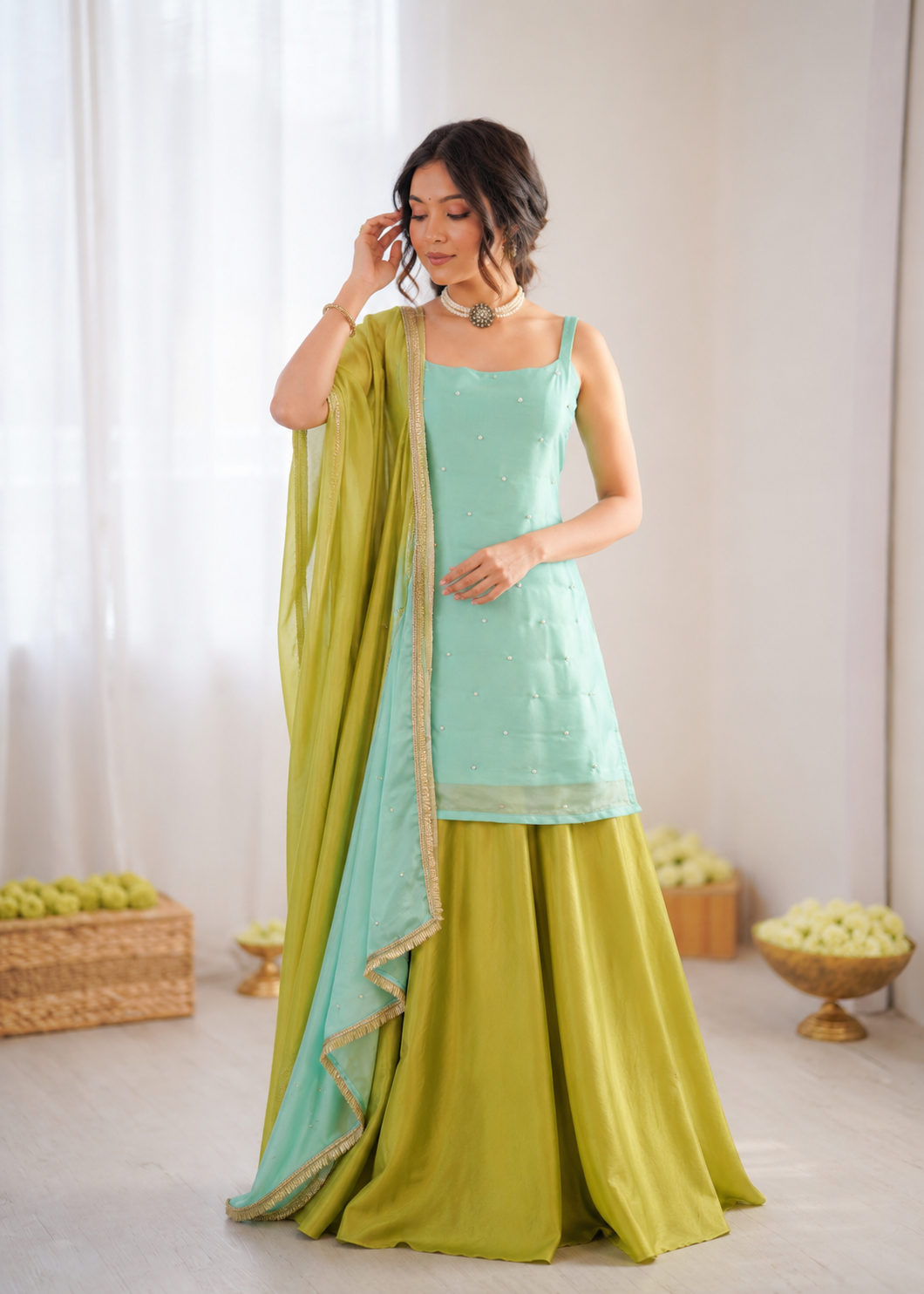 Prazu Fashion Mint Green Chinon Silk Thread With Sequence Designer Palazzo Suit - Dista