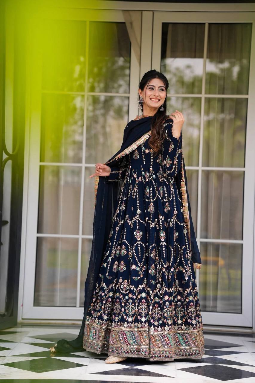 Prazu Fashion Blue Georgette Thread Sequin Anarkali Suit - Distacart