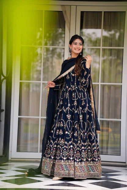 Prazu Fashion Blue Georgette Thread Sequin Anarkali Suit - Distacart
