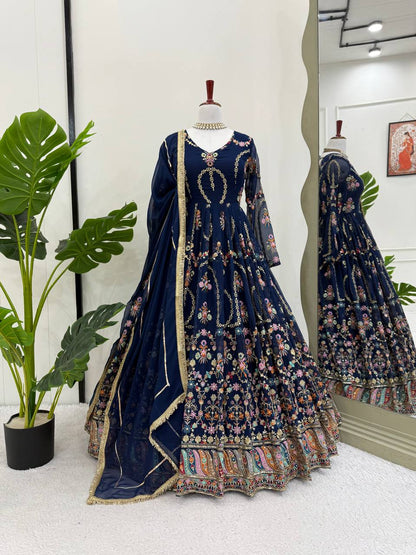 Prazu Fashion Blue Georgette Thread Sequin Anarkali Suit - Distacart