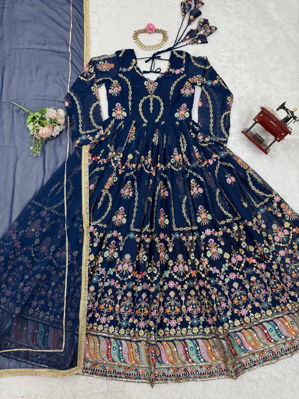 Prazu Fashion Blue Georgette Thread Sequin Anarkali Suit - Distacart