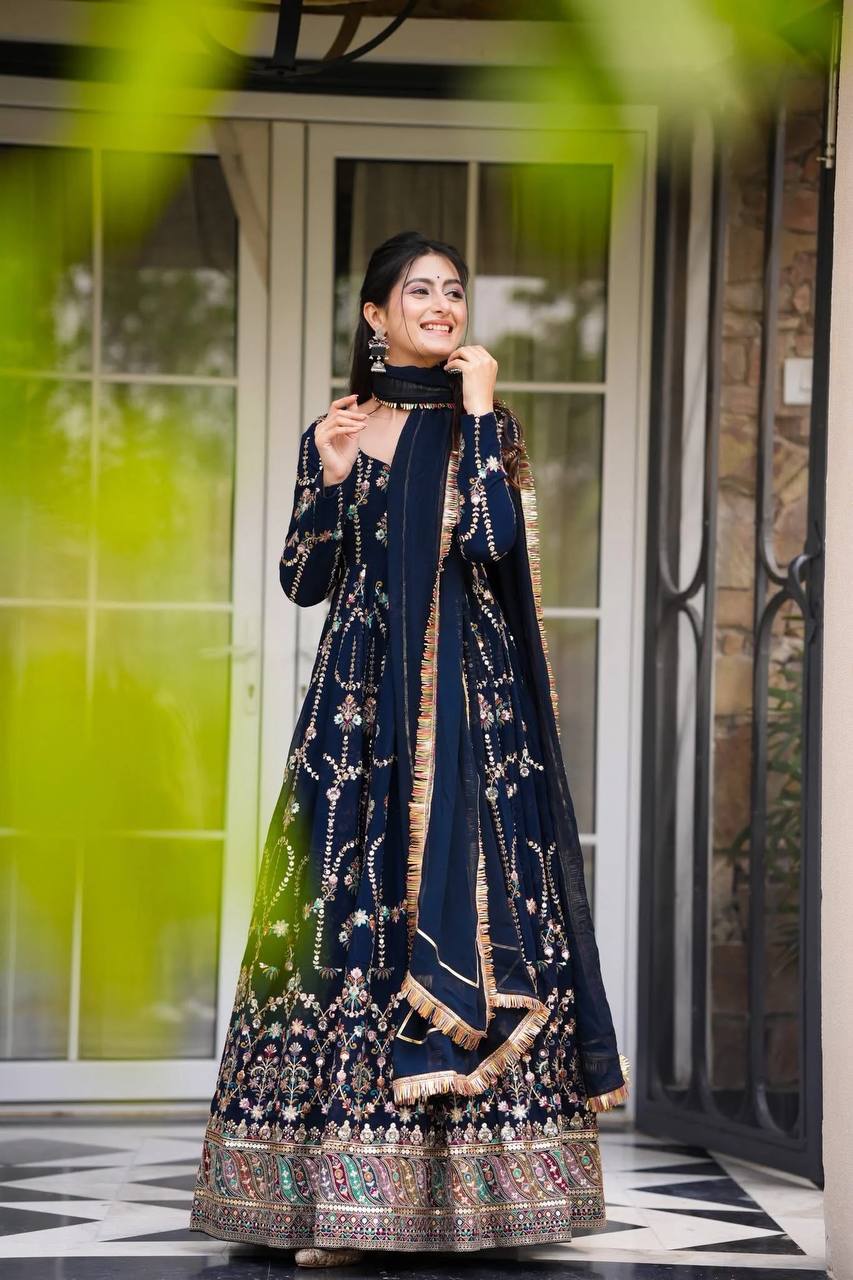 Prazu Fashion Blue Georgette Thread Sequin Anarkali Suit - Distacart