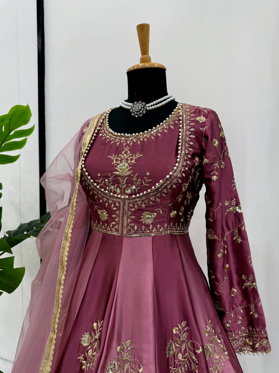 Prazu Fashion Wine Japan Satin Thread Sequin Anarkali Suit