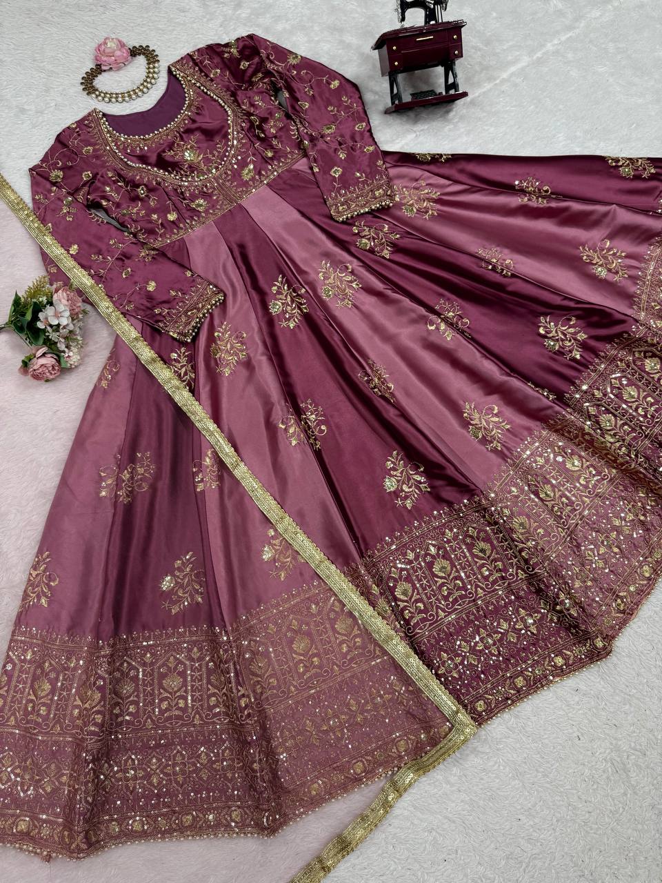 Prazu Fashion Wine Japan Satin Thread Sequin Anarkali Suit