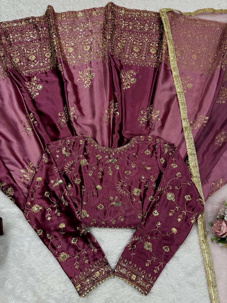 Prazu Fashion Wine Japan Satin Thread Sequin Anarkali Suit