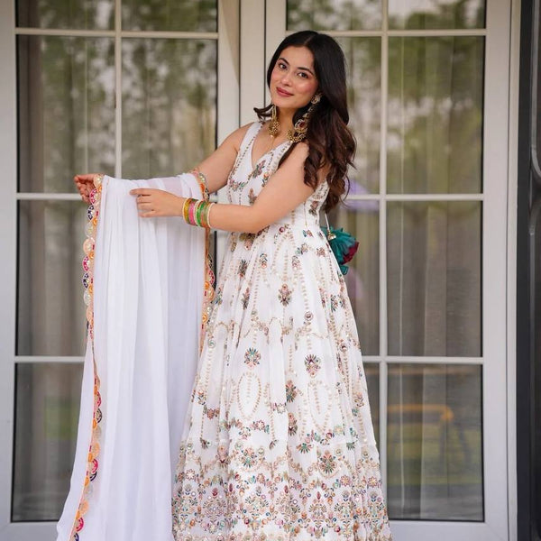 Prazu Fashion Off White Georgette Thread Sequin Anarkali Suit