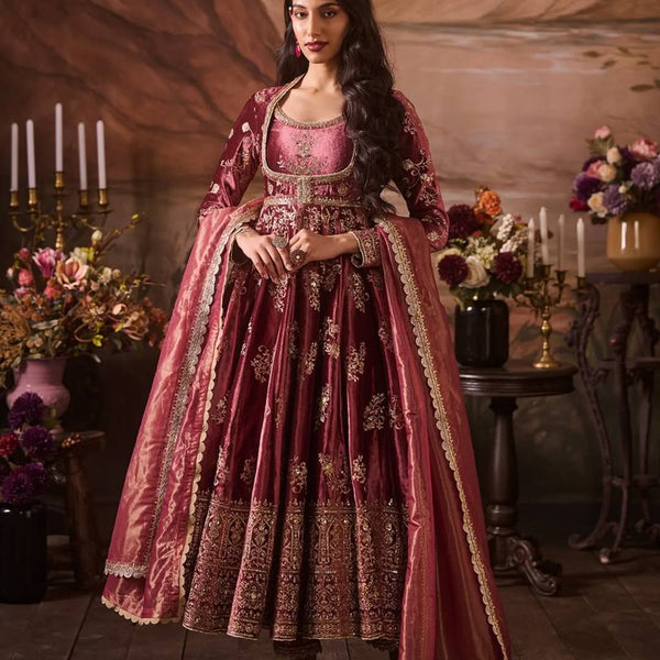 Prazu Fashion Wine Japan Satin Thread Sequin Anarkali Suit