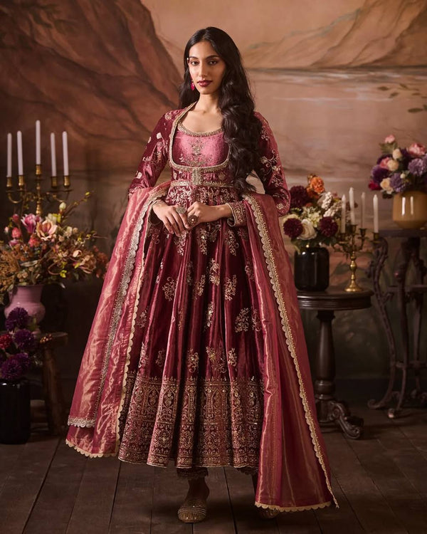 Prazu Fashion Wine Japan Satin Thread Sequin Anarkali Suit