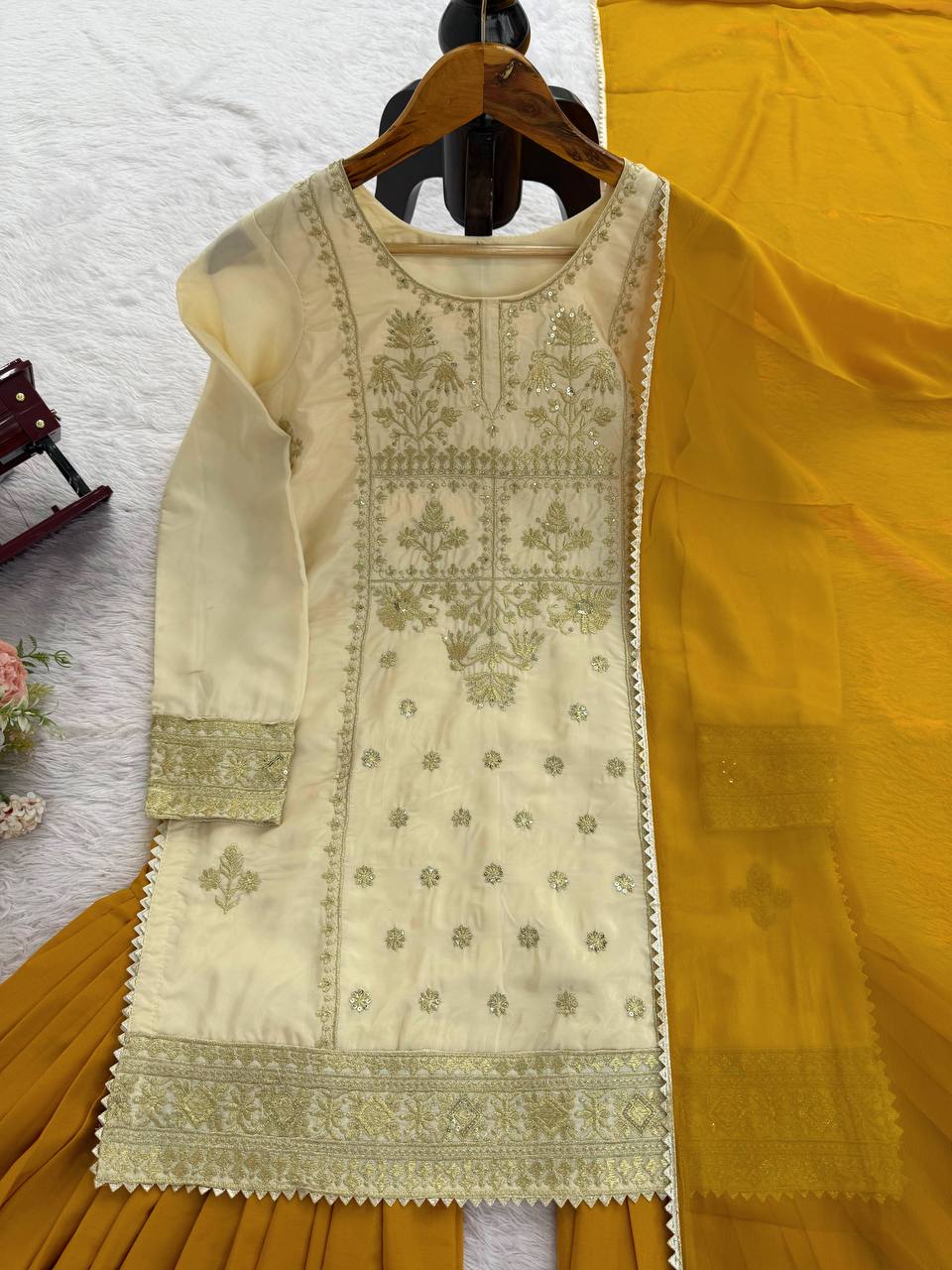 Prazu Fashion Off White Crepe Thread Sequin Sharara Suit