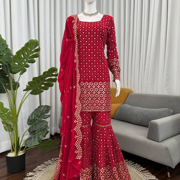 Prazu Fashion Red Georgette Thread Sequin Sharara Suit
