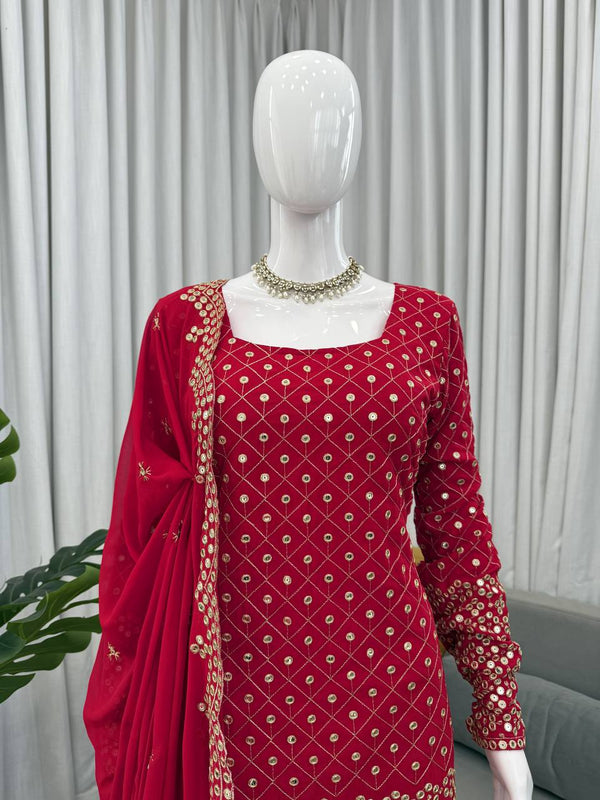 Prazu Fashion Red Georgette Thread Sequin Sharara Suit