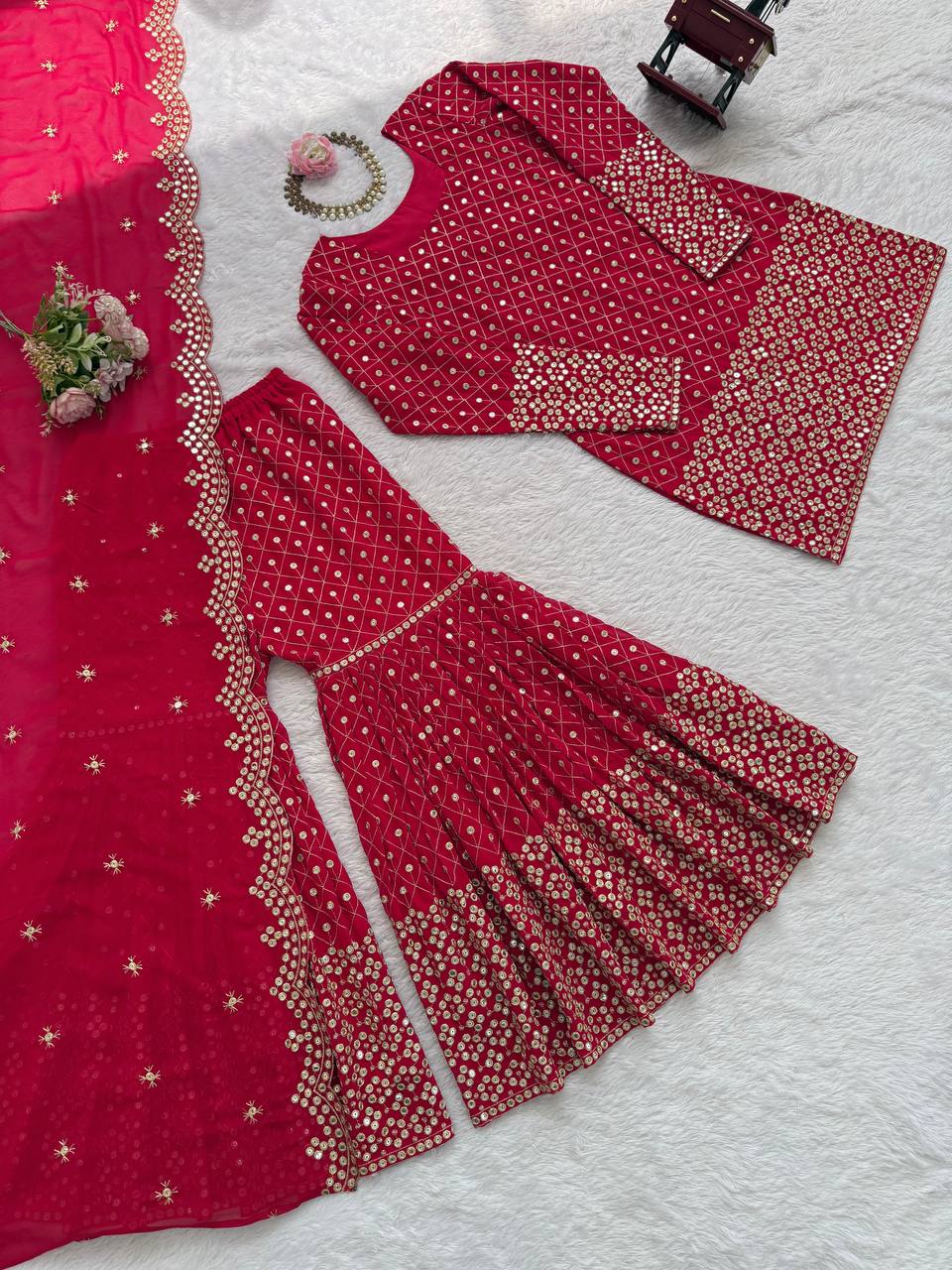 Prazu Fashion Red Georgette Thread Sequin Sharara Suit